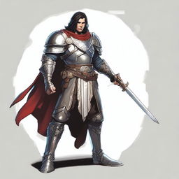 A full-body view of a Human Paladin with dark hair, taking an Oath of Vengeance in a Dungeons and Dragons world