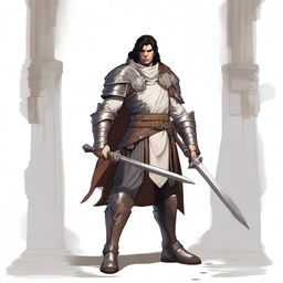 A full-body view of a Human Paladin with dark hair, taking an Oath of Vengeance in a Dungeons and Dragons world