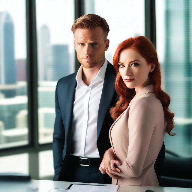 A hot male CEO in a stylish suit, looking lovingly at a beautiful redheaded woman with brown eyes