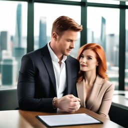 A hot male CEO in a stylish suit, looking lovingly at a beautiful redheaded woman with brown eyes