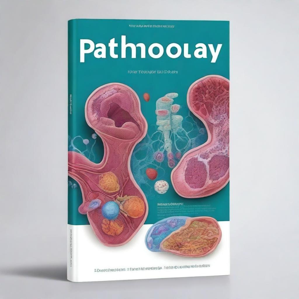 A detailed and professional book cover design for a pathology textbook, with the word 'Pathology' prominently written on it