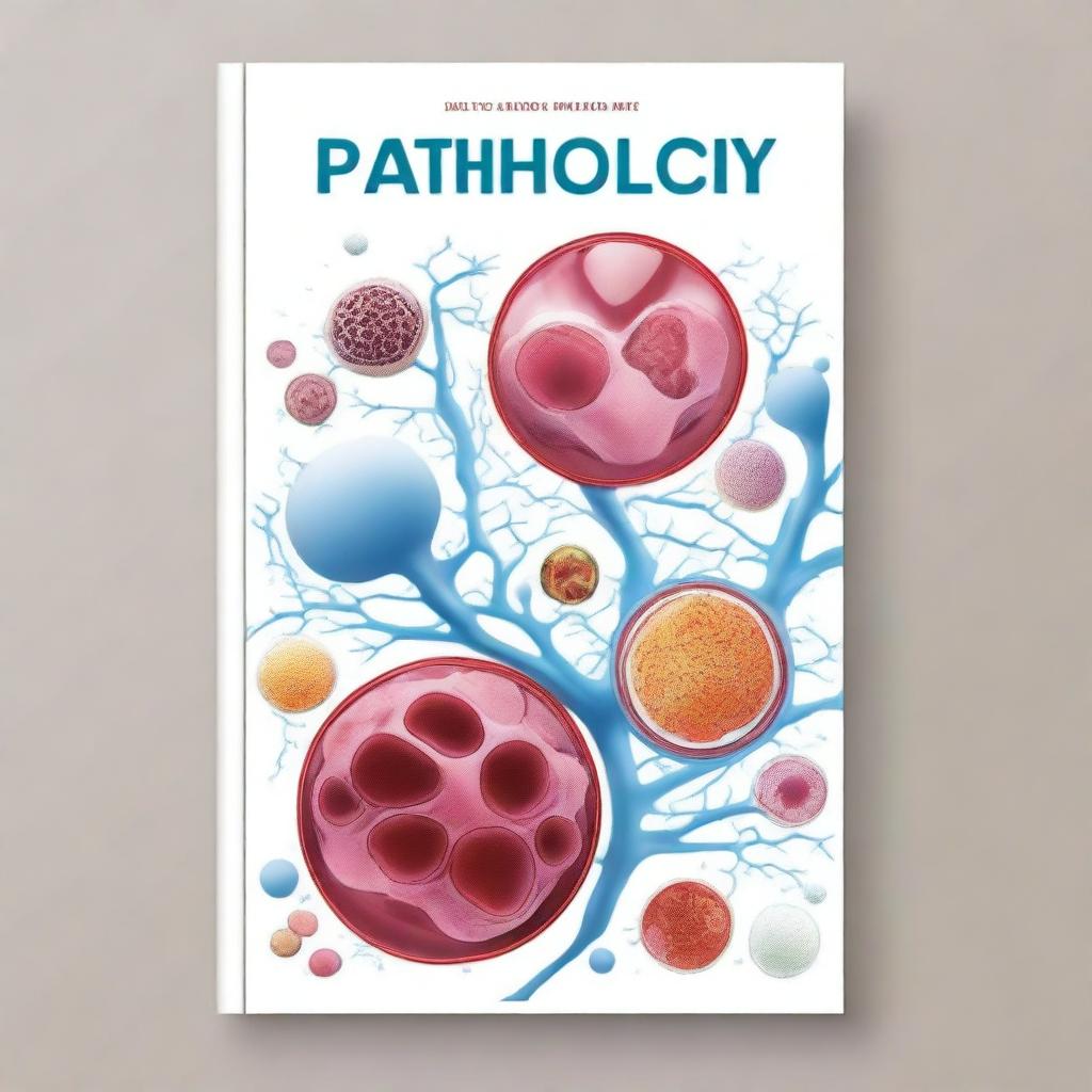 A detailed and professional book cover design for a pathology textbook, with the word 'Pathology' prominently written on it