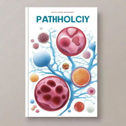 A detailed and professional book cover design for a pathology textbook, with the word 'Pathology' prominently written on it