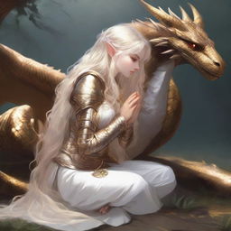 A cleric girl elf with long, curly blonde hair, dressed in white and gold armor, is praying on her knees to a dragon