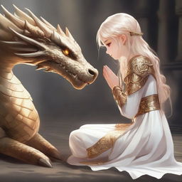 A cleric girl elf with long, curly blonde hair, dressed in white and gold armor, is praying on her knees to a dragon