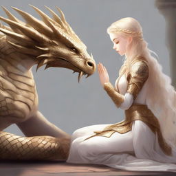 A cleric girl elf with long, curly blonde hair, dressed in white and gold armor, is praying on her knees to a dragon