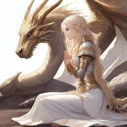 A cleric girl elf with long, curly blonde hair, dressed in white and gold armor, is praying on her knees to a dragon