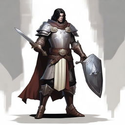 A full-body view of a Human Paladin with dark hair, taking an Oath of Vengeance in a Dungeons and Dragons world