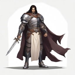 A full-body view of a Human Paladin with dark hair, taking an Oath of Vengeance in a Dungeons and Dragons world