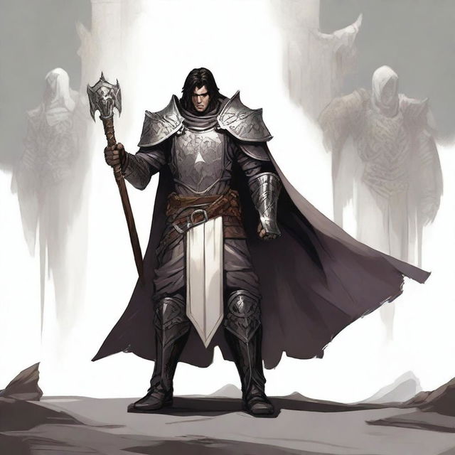 A full-body view of a Human Paladin with dark hair, taking an Oath of Vengeance in a Dungeons and Dragons world