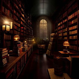 A vintage library inspired by the world found within a fantasy novel, with enchanting bookshelves, mystical artifacts, grand reading areas and soft magical light illuminating the room.