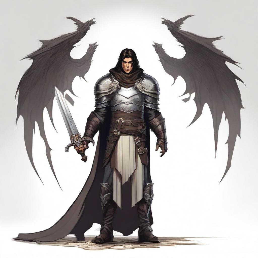 A full-body view of a Human Paladin with dark hair, taking an Oath of Vengeance in a Dungeons and Dragons world