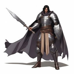 A full-body view of a Human Paladin with dark hair, taking an Oath of Vengeance in a Dungeons and Dragons world