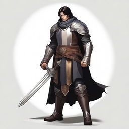 A full-body view of a Human Paladin with dark hair, taking an Oath of Vengeance in a Dungeons and Dragons world