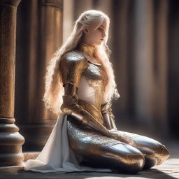 A blonde elf with curly long hair is praying on her knees in a medieval church