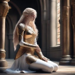 A blonde elf with curly long hair is praying on her knees in a medieval church