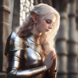 A blonde elf with curly long hair is praying on her knees in a medieval church