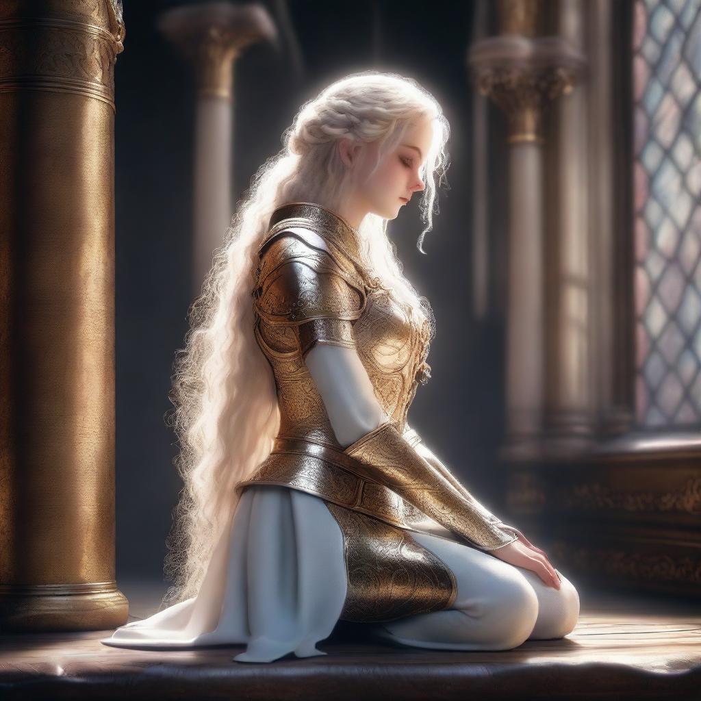 A blonde elf with curly long hair is praying on her knees in a medieval church