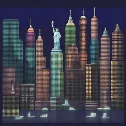 A pixel art depiction of New York City at night