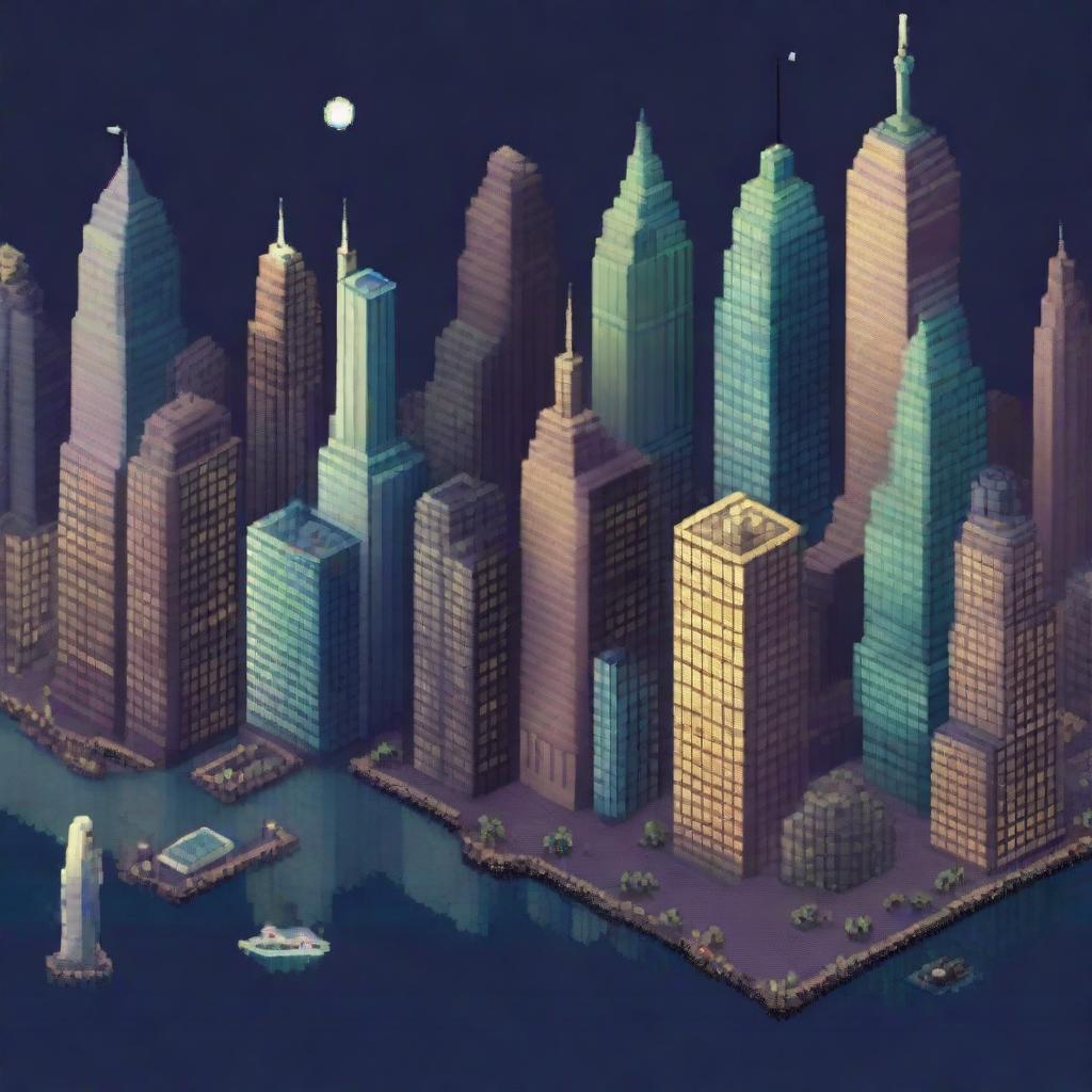 A pixel art depiction of New York City at night