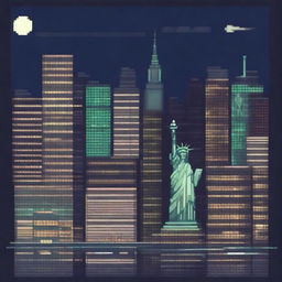 A pixel art depiction of New York City at night