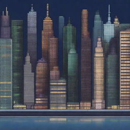 A pixel art depiction of New York City at night