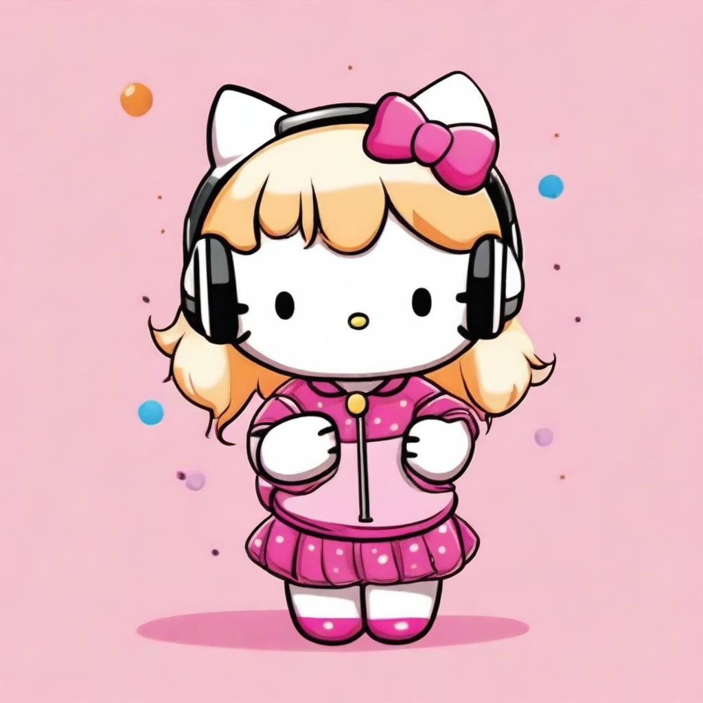 Hello Kitty with blonde hair eating a lollipop while wearing headphones