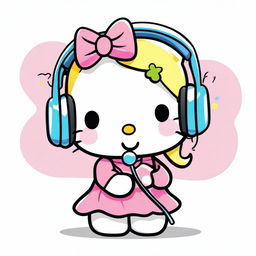 Hello Kitty with blonde hair eating a lollipop while wearing headphones