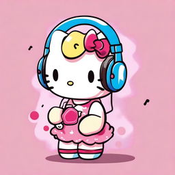 Hello Kitty with blonde hair eating a lollipop while wearing headphones