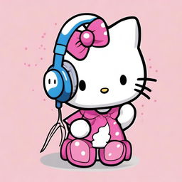 Hello Kitty with blonde hair eating a lollipop while wearing headphones