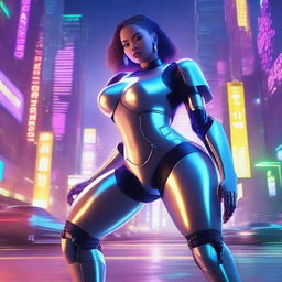 A futuristic scene featuring a heavyset girl with advanced AI enhancements