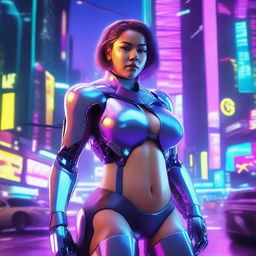 A futuristic scene featuring a heavyset girl with advanced AI enhancements