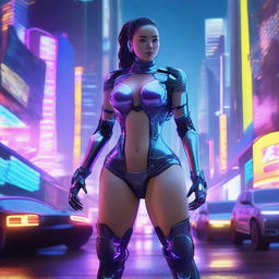 A futuristic scene featuring a heavyset girl with advanced AI enhancements