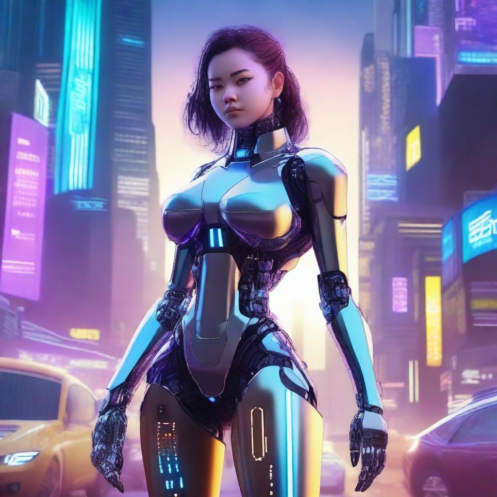 A futuristic scene featuring a heavyset girl with advanced AI enhancements