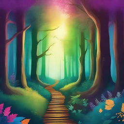 Create a captivating book cover featuring an enchanting forest with a mysterious pathway leading into the unknown