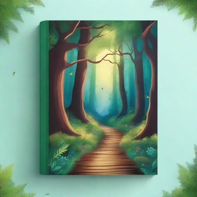 Create a captivating book cover featuring an enchanting forest with a mysterious pathway leading into the unknown