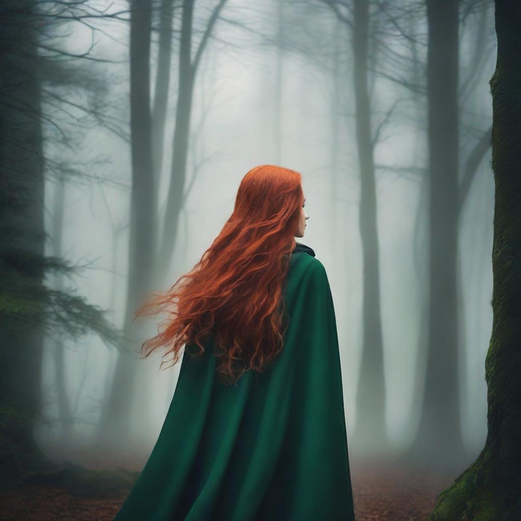 A book cover featuring a woman with long wavy red hair and green eyes, wearing a long black hooded cloak