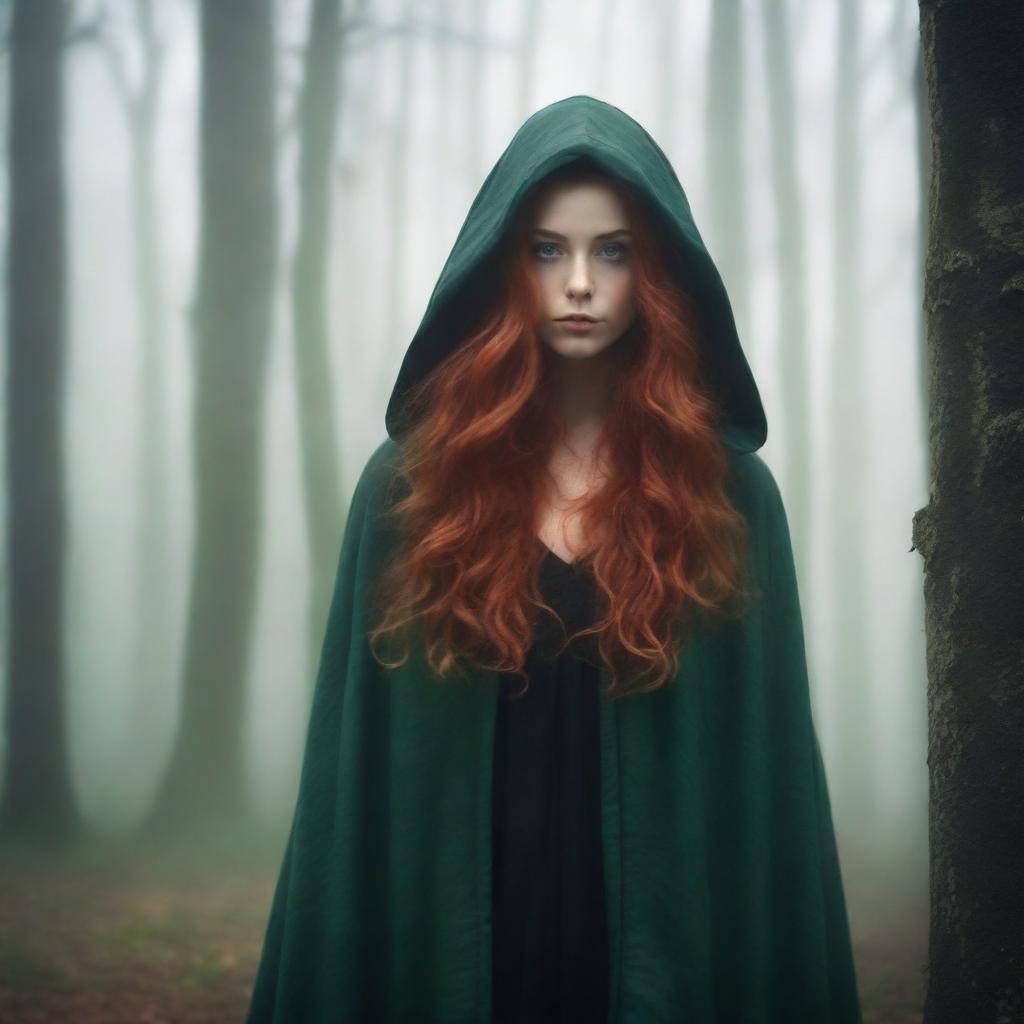 A book cover featuring a woman with long wavy red hair and green eyes, wearing a long black hooded cloak