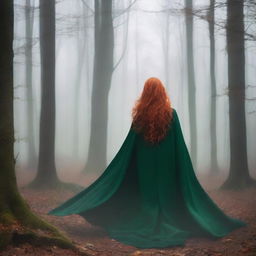 A book cover featuring a woman with long wavy red hair and green eyes, wearing a long black hooded cloak