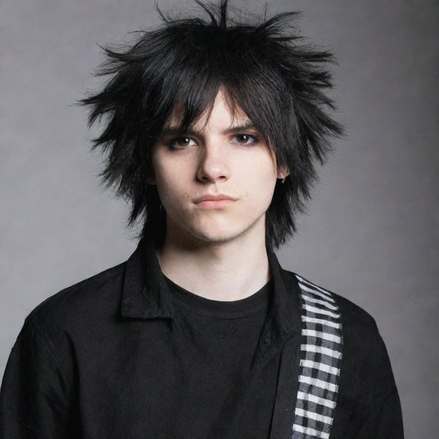 Emo boy with voluminous, disheveled scene hair. He's wearing a black shirt, black jeans, and a black and white checkered belt