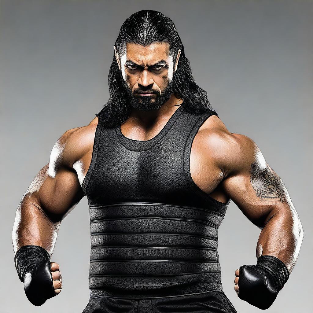 Create an image of Roman Reigns, the professional wrestler, in a dynamic and powerful pose