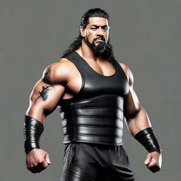 Create an image of Roman Reigns, the professional wrestler, in a dynamic and powerful pose