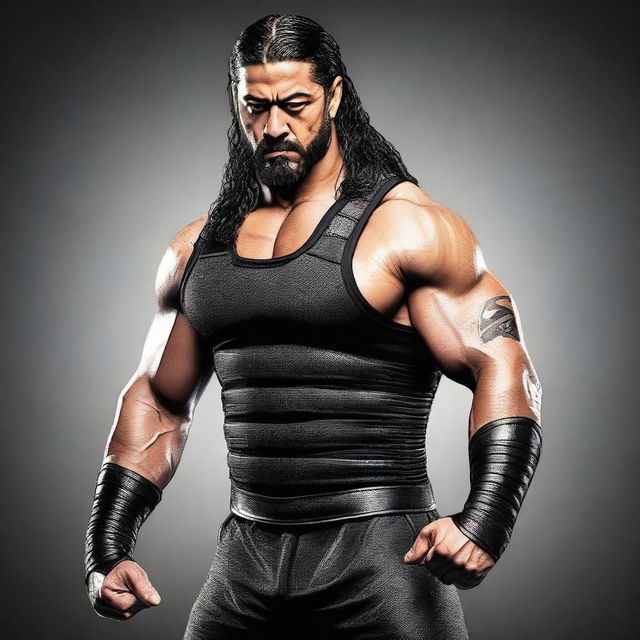 Create an image of Roman Reigns, the professional wrestler, in a dynamic and powerful pose