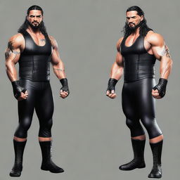 Create an image of Roman Reigns, the professional wrestler, in a dynamic and powerful pose