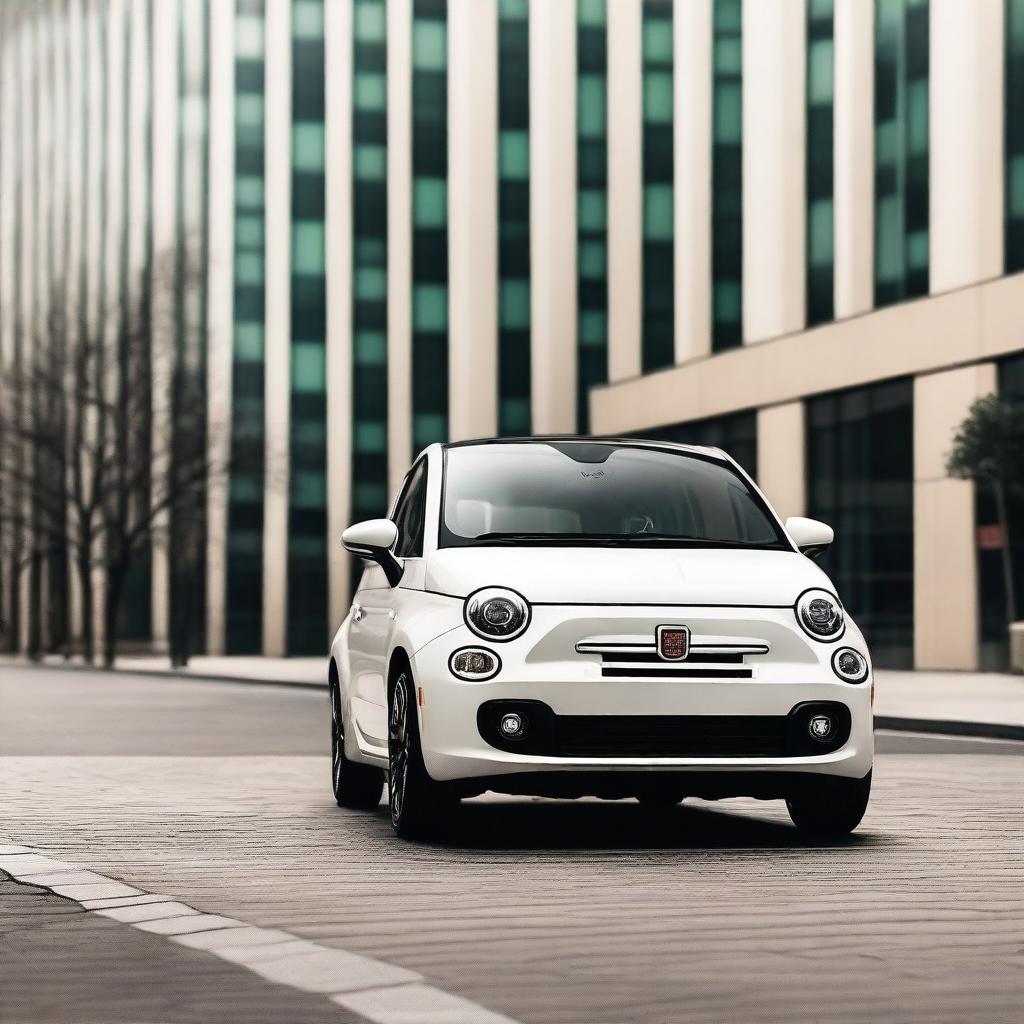 A detailed image of a white Fiat 500 car, showcasing its sleek design and compact size