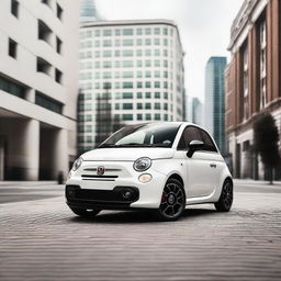 A detailed image of a white Fiat 500 car, showcasing its sleek design and compact size