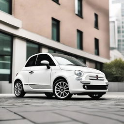 A detailed image of a white Fiat 500 car, showcasing its sleek design and compact size