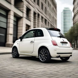 A detailed image of a white Fiat 500 car, showcasing its sleek design and compact size