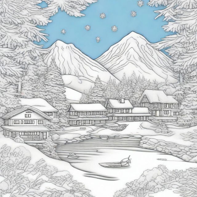 Create adult coloring pages featuring the beauty of a local winter landscape