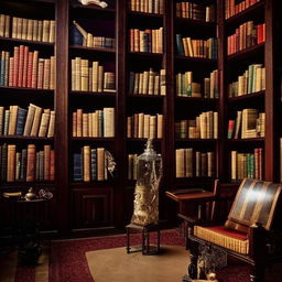 A vintage library inspired by the world found within a fantasy novel, with enchanting bookshelves, mystical artifacts, grand reading areas and soft magical light illuminating the room.